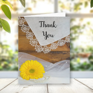 Cartão De Agradecimento Casamento com a Marinha Amarelo Daisy Lace Country