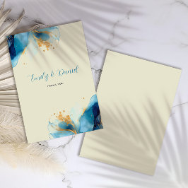 Cartão De Agradecimento Casamento com abstrato Azul e Dourada Aquarela