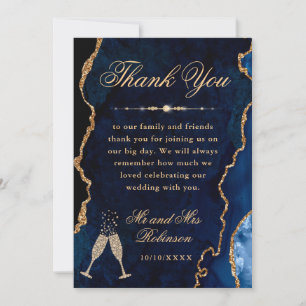 Cartão De Agradecimento Casamento com Ágata Brilhante Azul e Dourado e Már