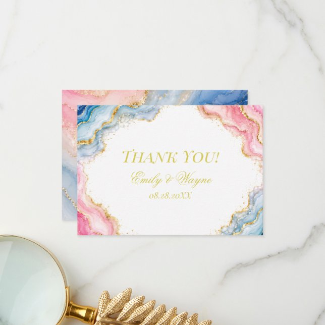 Cartão De Agradecimento Casamento com Ágata Rosa Azul Dourada (Frente/Verso In Situ)