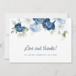 Cartão De Agradecimento Casamento com Aquarela Botânica Floral Azul Empoei