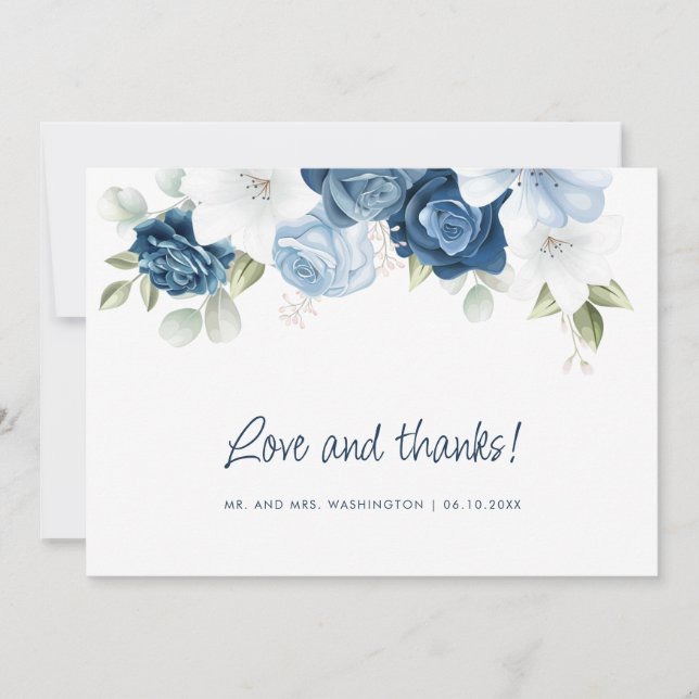 Cartão De Agradecimento Casamento com Aquarela Botânica Floral Azul Empoei (Frente)
