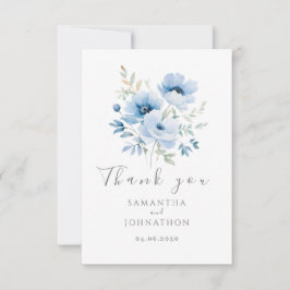 Cartão De Agradecimento Casamento com Aquarela Floral Azul