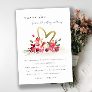 Cartão De Agradecimento Casamento com Aquarelas Douradas Vermelhas de Cora