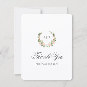 Cartão De Agradecimento Casamento com Brasão Floral em Aquarela Elegante