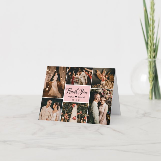 Cartão De Agradecimento Casamento com Colagem de Fotos 6 Moderno Caligrafi (Frente)