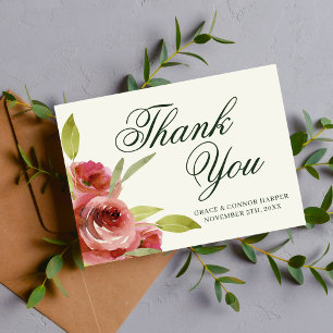 Cartão De Agradecimento Casamento com Cor de Água Evergreen, Cor de Rosa F