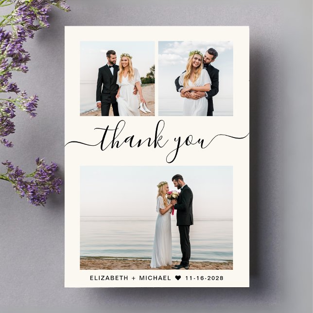 Cartão De Agradecimento Casamento com Creme de Colagem de Fotos do Script  (Celebrate your love story with a thank you card showcasing 3 of your wedding day photos)