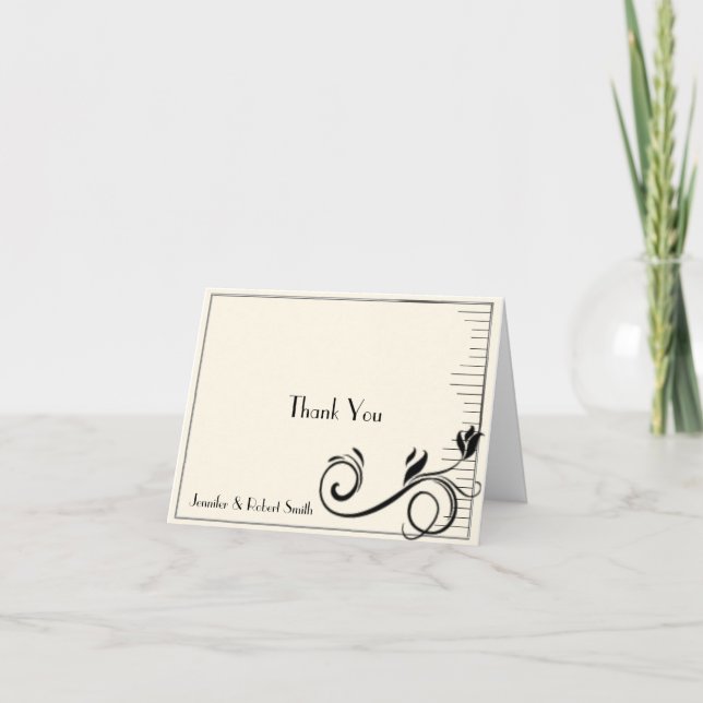 Cartão De Agradecimento Casamento com Creme Rosa Black Deco Francês Obriga (Frente)