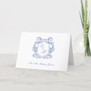 Cartão De Agradecimento Casamento com Crista de Monograma Azul Elegante Po