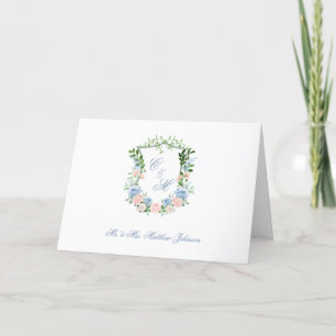Cartão De Agradecimento Casamento com Crista Floral Azul Empoeirado