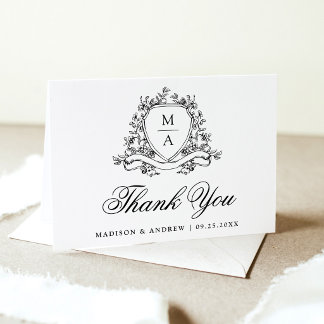 Cartão De Agradecimento Casamento com Crista Floral Preta Elegante Monogra
