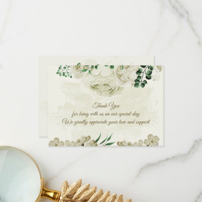 Cartão De Agradecimento Casamento com flores brancas de marfim (Frente/Verso In Situ)