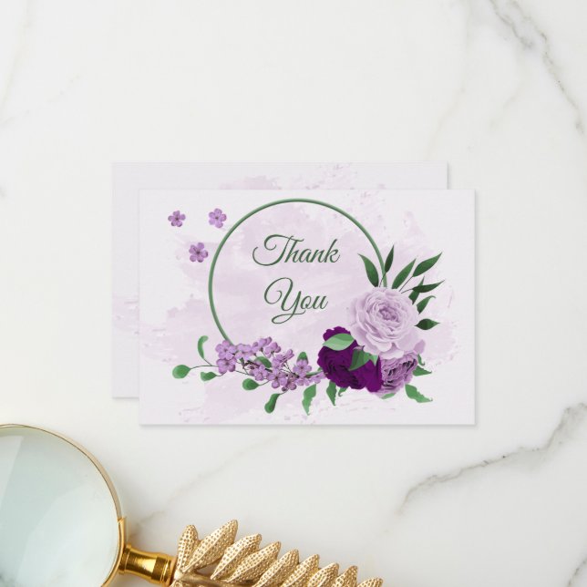 Cartão De Agradecimento Casamento com flores roxas (Frente/Verso In Situ)