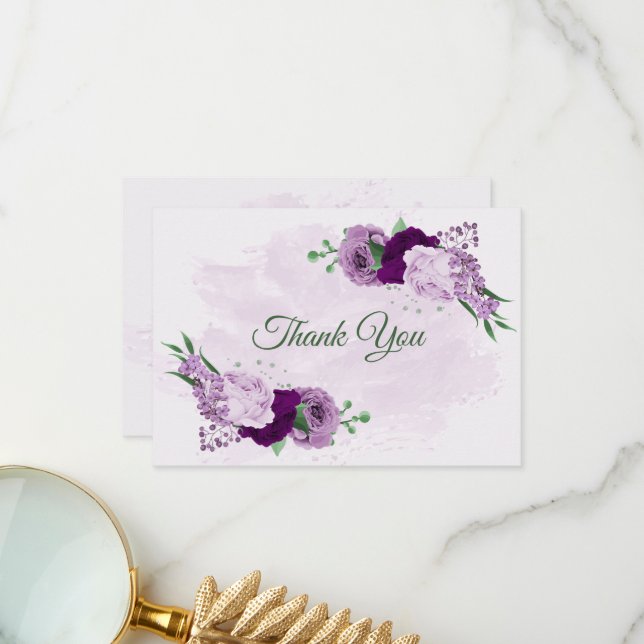 Cartão De Agradecimento Casamento com flores roxas (Frente/Verso In Situ)
