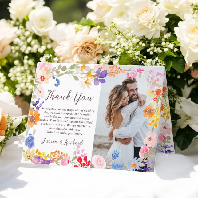 Cartão De Agradecimento Casamento com flores silvestres do primavera moder (Modern spring garden wildflowers photos wedding thank you card)