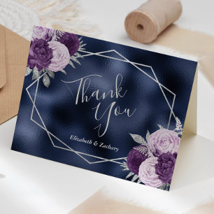 Cartão De Agradecimento Casamento com folhas azuis de Marinho Floral Lilac
