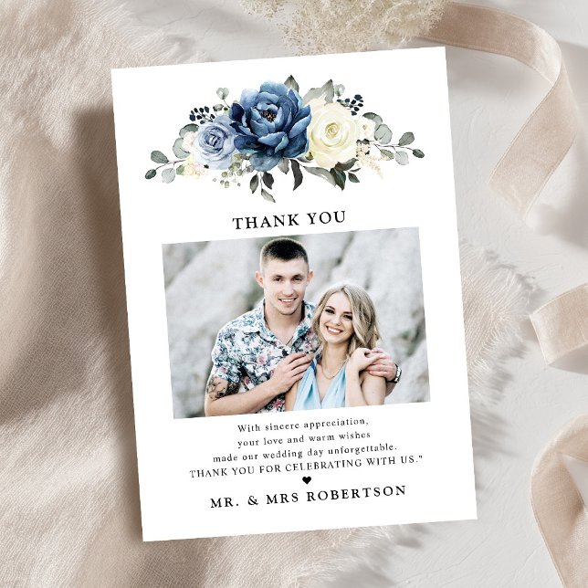 Cartão De Agradecimento Casamento com Foto de Marfim, Marinho Azul Dusty (Dusty Blue Navy Champagne Ivory Photo wedding Thank You Card)