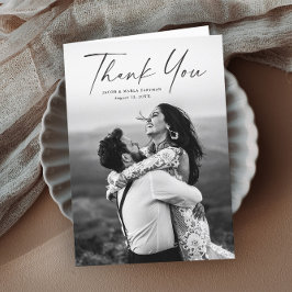 Cartão De Agradecimento Casamento com Foto de Script Moderno