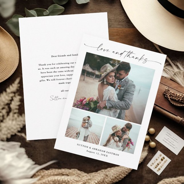Cartão De Agradecimento Casamento com Foto de Script Moderno 3 (Elegant 3 photo wedding thank you card with modern love and thanks script typography.)