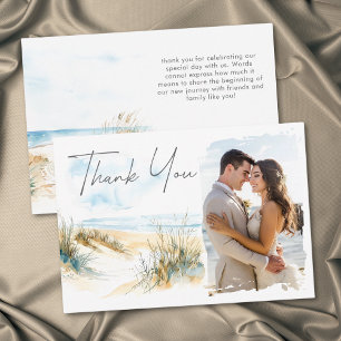 Cartão De Agradecimento Casamento com Foto em Aquarela Moderna de Praia Co