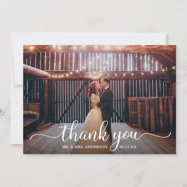 Cartão De Agradecimento Casamento com Fotografia de Script de Caligrafia R (Frente)