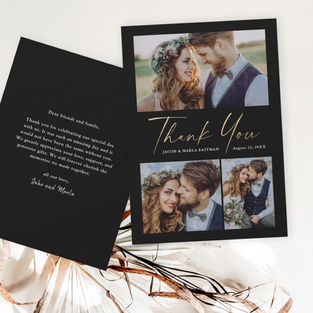 Cartão De Agradecimento Casamento com Fotografias do Script Dourado Modern (Criador carregado)