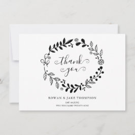 Cartão De Agradecimento Casamento com Garland Floral Negra e Branca Obriga