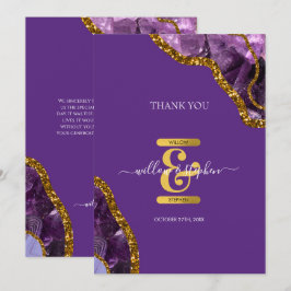 Cartão De Agradecimento Casamento com Glitter de Geodo Agato Roxo e Dourad