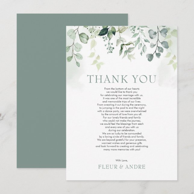 Cartão De Agradecimento Casamento com Leafy Sage Green Eucalyptus Garden (Frente/Verso)