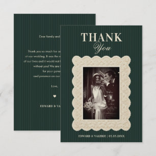 Cartão De Agradecimento Casamento com Listras Verde Floresta Vintage e Ren