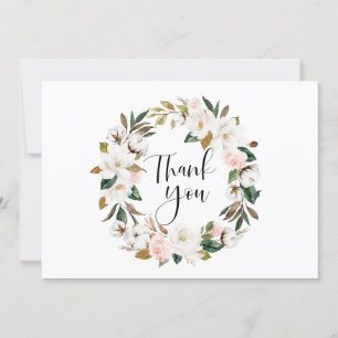 Cartão De Agradecimento Casamento com Magnolias e Cotton Wreath