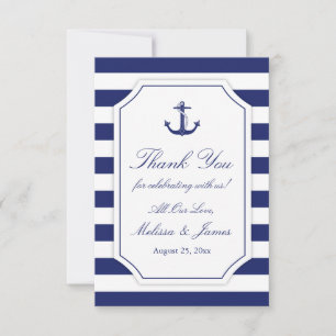Cartão De Agradecimento Casamento com Marinho de Âncora Náutica Blue Strip