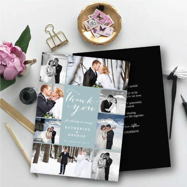 Cartão De Agradecimento Casamento com Na moda de Multifoto do Script Moder (Modern Classy Script 8 Multi Photo Collage Stylish Wedding Thank You Card @ fatfatin_blue_knot)