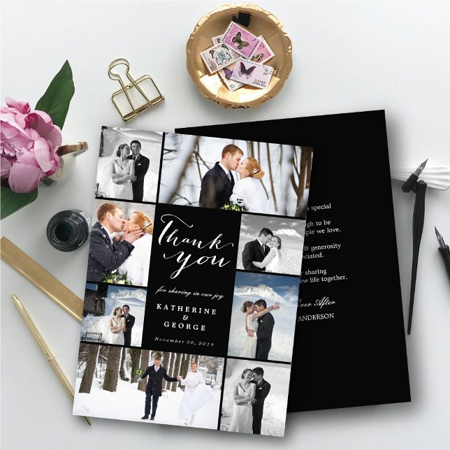 Cartão De Agradecimento Casamento com Na moda de Multifoto do Script Moder (Modern Classy Script 8 Multi Photo Collage Stylish Wedding Thank You Card @ fatfatin_blue_knot)