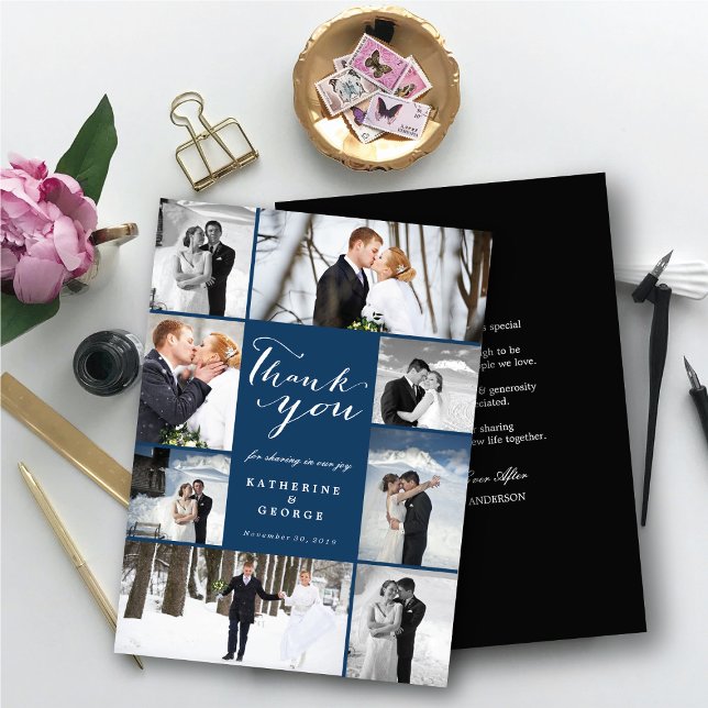 Cartão De Agradecimento Casamento com Na moda de Multifoto do Script Moder (Modern Classy Script 8 Multi Photo Collage Stylish Wedding Thank You Card @ fatfatin_blue_knot)