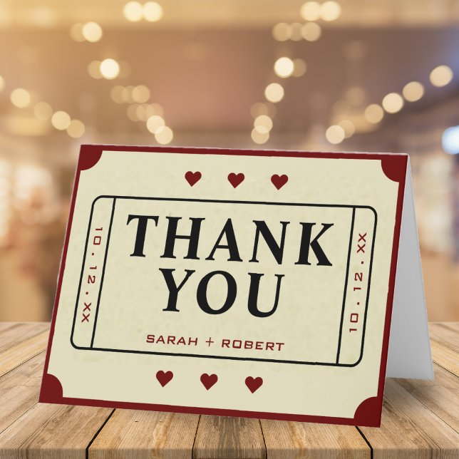 Cartão De Agradecimento Casamento com o Estúmulo de Bilhetes do Teatro Ret (Retro Theater Movie Ticket Stub Wedding Thank You Card)