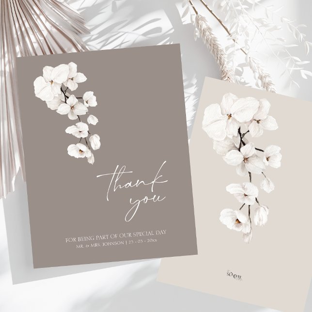 Cartão De Agradecimento Casamento com Orquídea Branca de Cinzas Elegante (Modern Gray White Orchids Wedding Thank You Card)