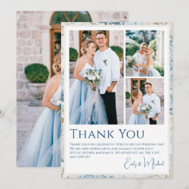 Cartão De Agradecimento Casamento com Quatro Fotos Florais em Azul Desbota