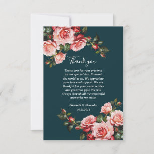 Cartão De Agradecimento Casamento com rosas vermelhas e rosa escuro e azul