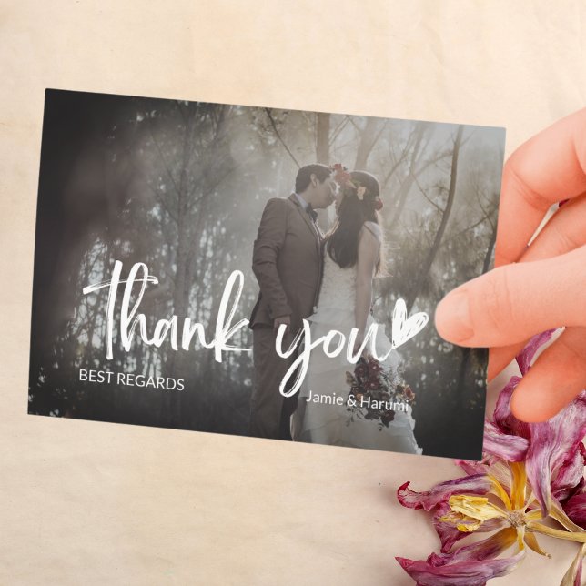 Cartão De Agradecimento Casamento com Script Fotográfico Elegante Black e  (Elegant Black and Grey 2 Photo Script Wedding Thank You Card)