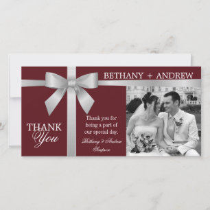 Cartão De Agradecimento Casamento com Silver Ribbon Burgundy Obrigado