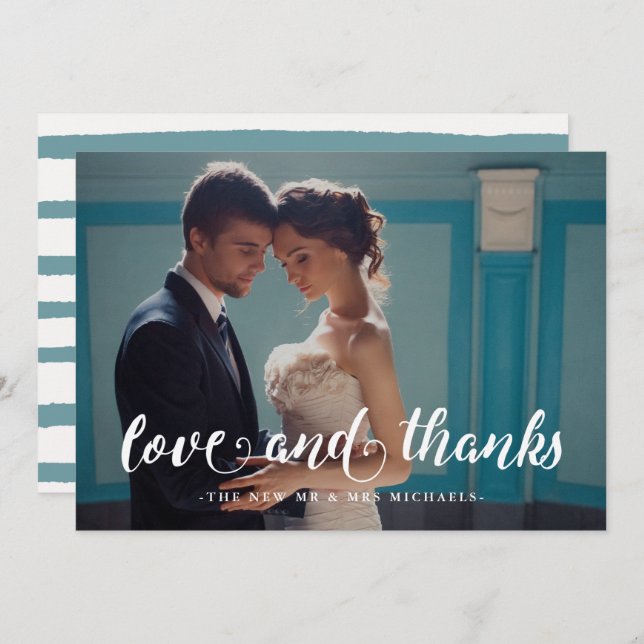 Cartão De Agradecimento Casamento com Stripes de Aquarela Obrigado Foto (Frente/Verso)