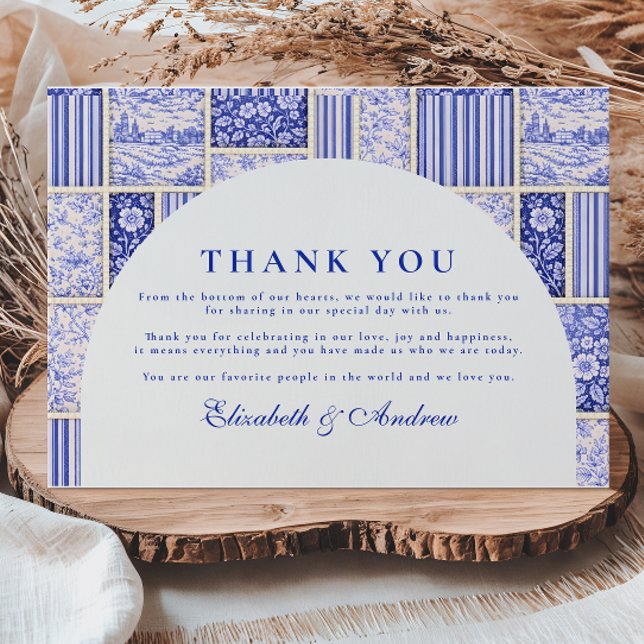 Cartão De Agradecimento Casamento com Toile de Patchwork Azul Branco (Criador carregado)