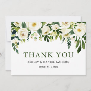 Cartão De Agradecimento Casamento com vegetação floral branco de aquarela