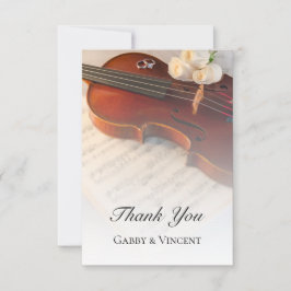 Cartão De Agradecimento Casamento com Violino Clássico e Rosas Brancas Obr