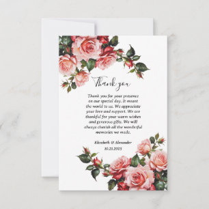 Cartão De Agradecimento Casamento cor-de-rosa e rosas vermelhas