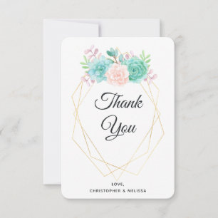 Cartão De Agradecimento Casamento cor-de-rosa & verde moderno da aguarela