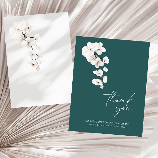Cartão De Agradecimento Casamento das Flores das Orquídeas Brancas Verdes  (Modern Emerald Green White Orchids Flowers Wedding Thank You Card)