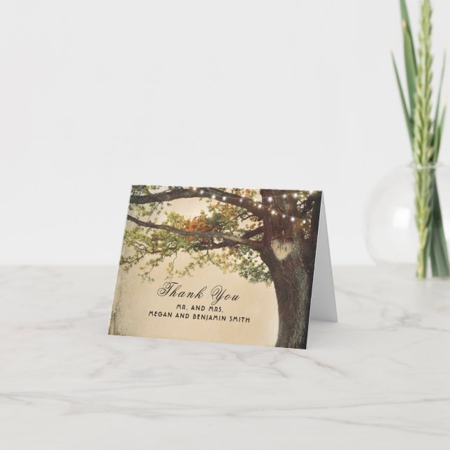 Cartão De Agradecimento Casamento Das Luzes Da Árvore De Queda Rusta Obrig (Frente)